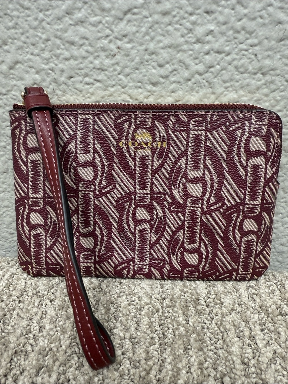 Coach Maroon Signature Wristlet with Cream Monogram